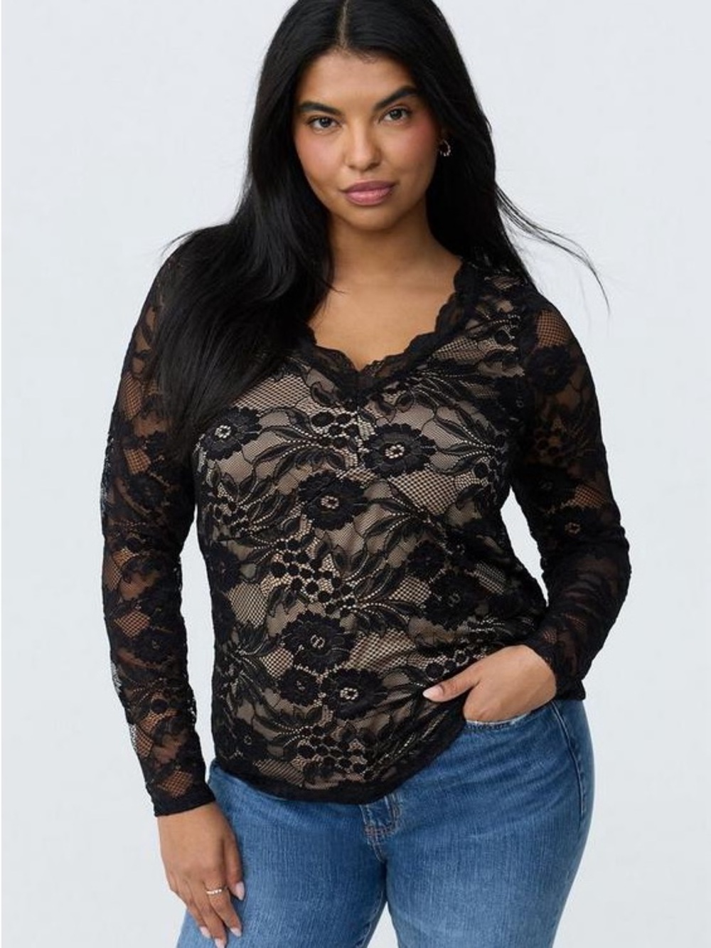 Floral Lace Sheer V-Neck Top - Black